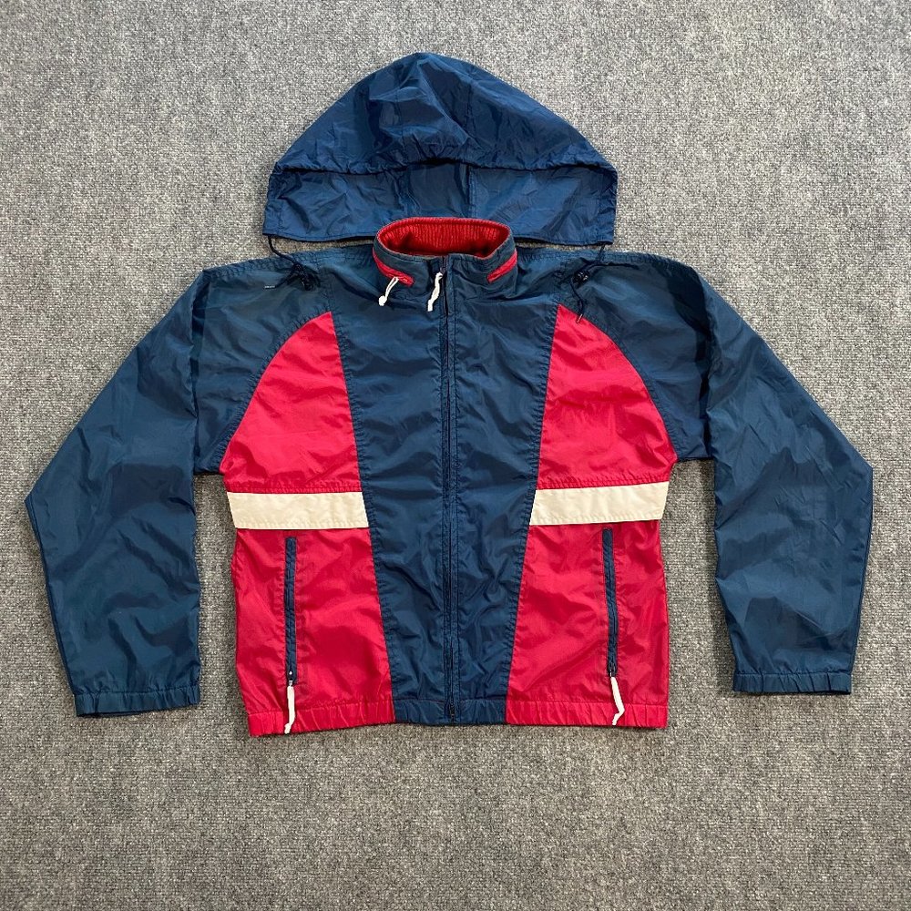 VINTAGE Woolrich Windbreaker Jacket Adult Small Red White Blue Hooded 90s VTG